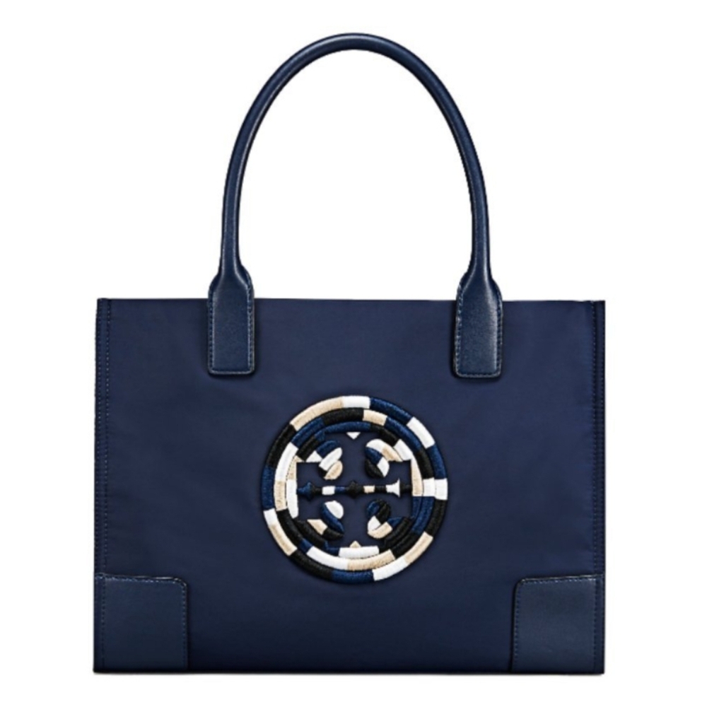 Tory Burch Navy Blue Tote with Braided Logo Accent